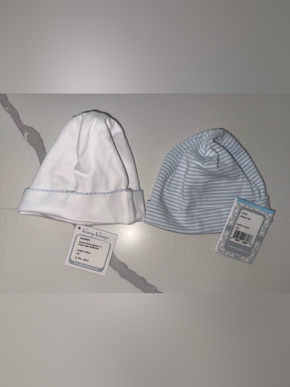 Kissy Kissy Two-Pack Baby Hats - White & Light Blue Stripe